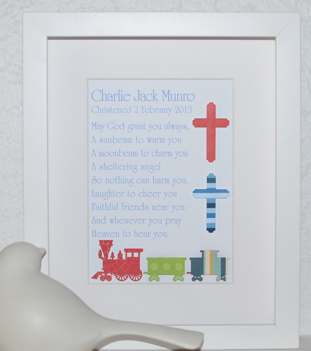Boys Christening Cross & Trains 20x25cm