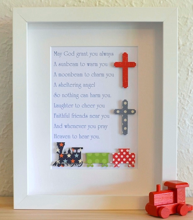 Boys Christening Cross & Trains 20x25cm