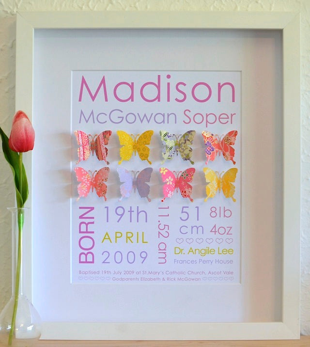 Baby Birth Details - Butterflies Brights 28x35cm