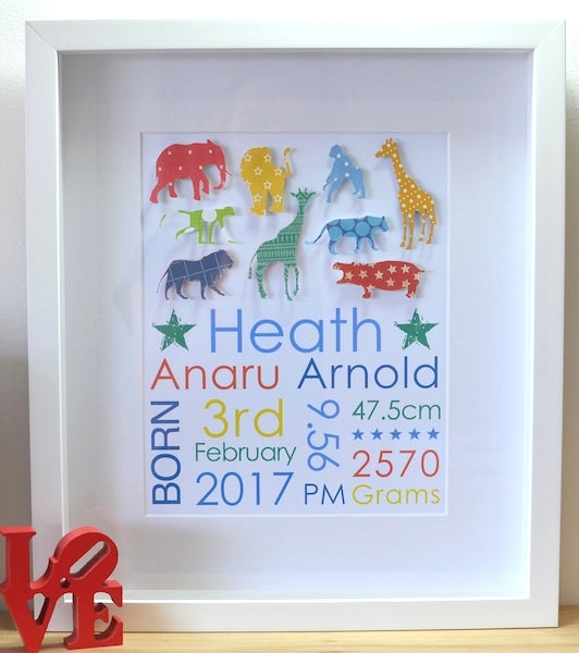 Baby Birth Details Artwork - Animals 28x35cm