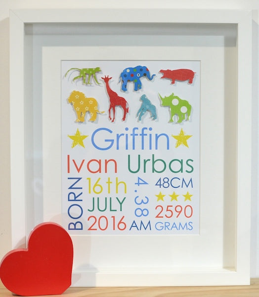 Baby Birth Details Artwork - Animals 28x35cm